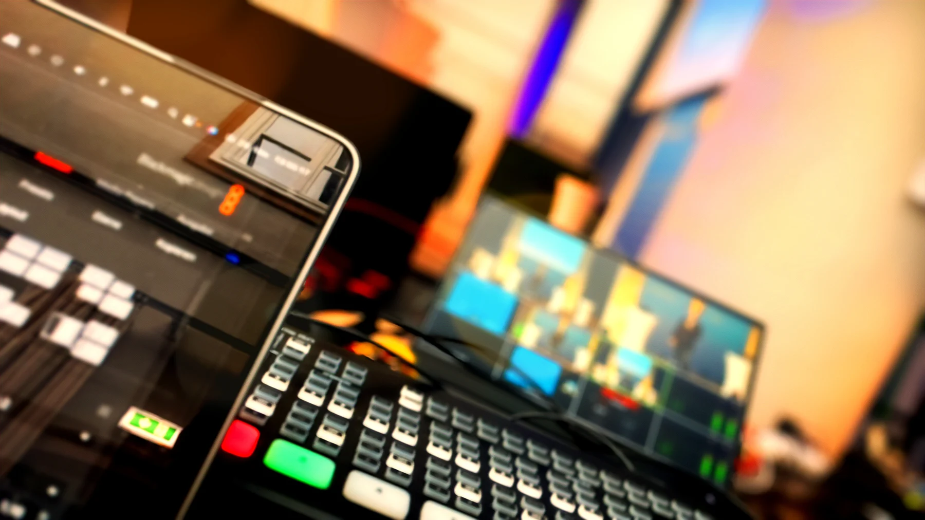 Videoregie mit Multiview-Monitor und Bildmischer.